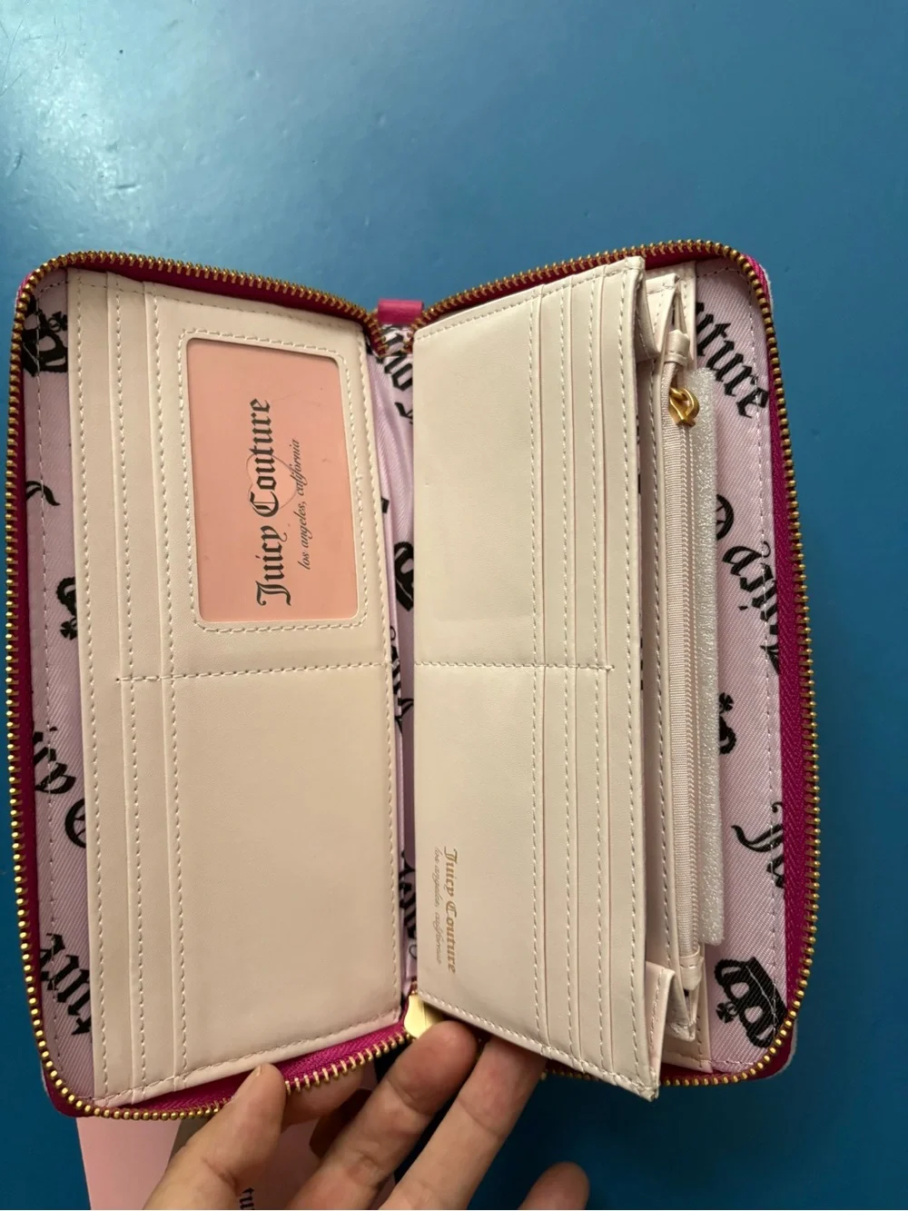 Juicy Couture Velour Embroidered Pink Large Zip Around Wallet Gold Charm